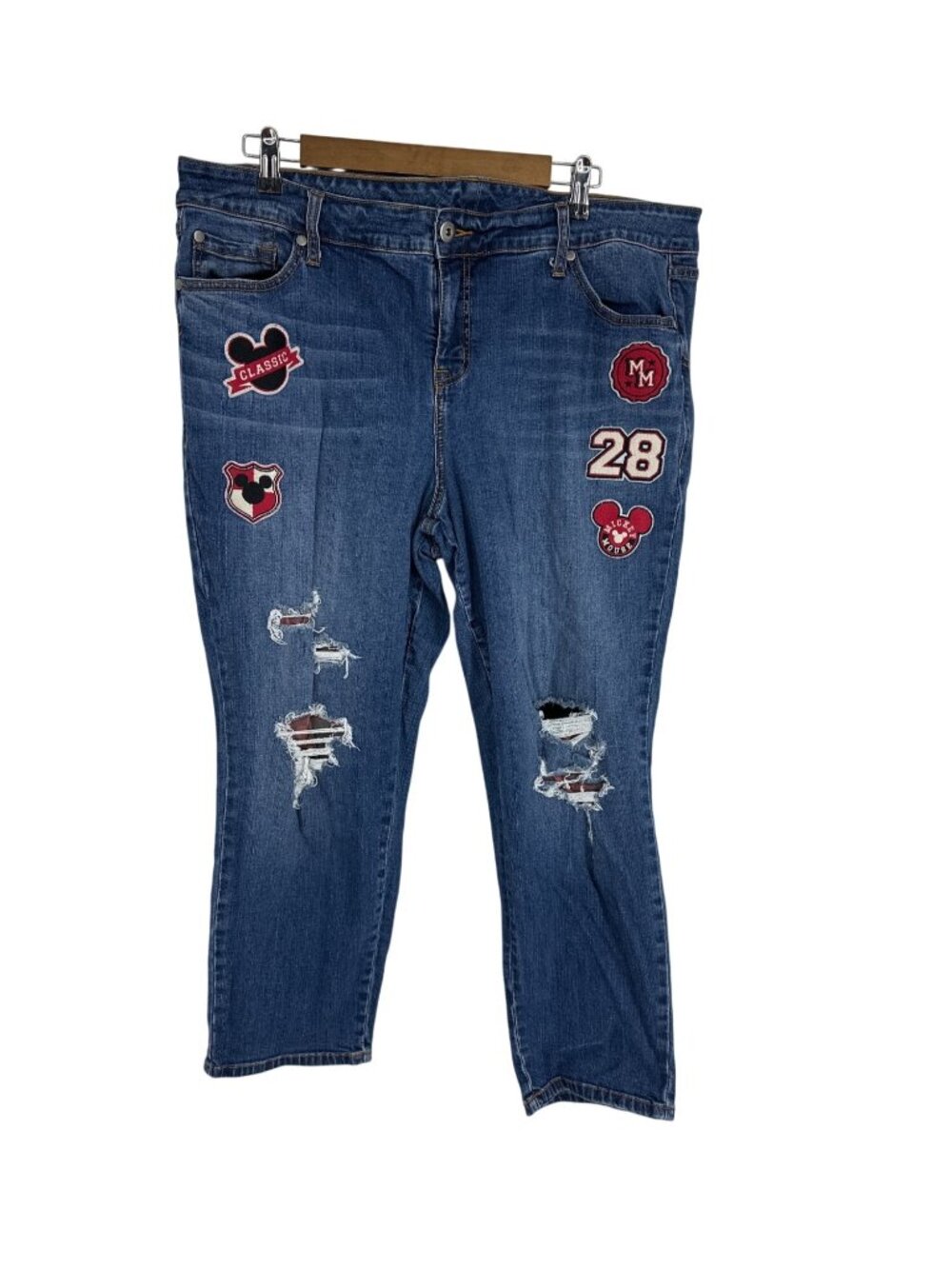 Disney Mickey Mouse Women's Distressed Patch Jeans Mid-Waist Blue Denim Size 18